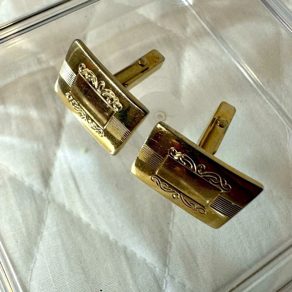 Mens Gold Tone Cufflinks Rectangle Unique Classic Vintage